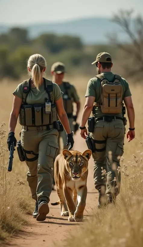 "As the wildlife rescue team reaches the wounded lion, the team leader, a woman in tactical gear, signals for the others to approach with caution. They are prepared with tranquilizer darts and medical kits, carefully assessing the lion’s injuries. The lion...