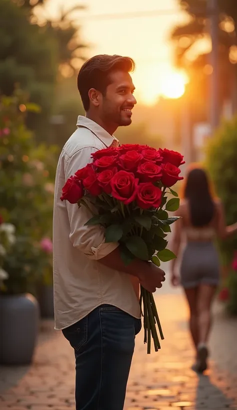 Create a high-resolution image of a realistic Latino man in his late 20s, with a warm and confident expression, standing outdoors in a romantic setting during golden hour. He is dressed casually in a light button-up shirt and dark jeans. The man is holding...