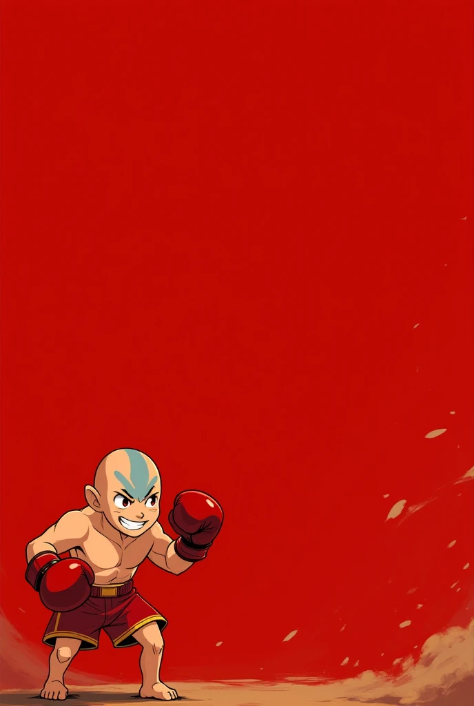 Un póster que muestre a Aang (s)  wearing red shorts ,  barefoot and shirtless ,  wearing red boxing gloves ,  In a fighting position ,  smiling , Let it say  "the challenger , Aang , the flying bison " WITH RED BACKGROUND,  in the same drawing style as th...