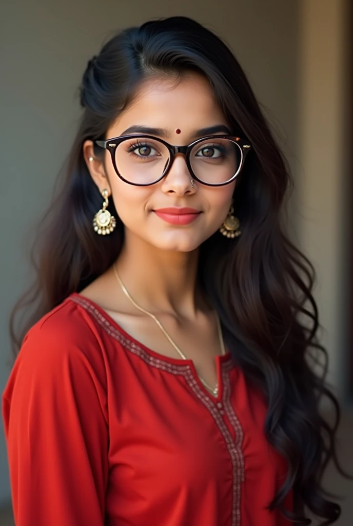 Image a a beautiful Odia girl, with beautiful attractive eyes with kajal on it and wearing rounded spectacles, long hair, wearing red kurti and wearing headset and enjoying with silent smile, wearing nice earrings and nose pinhole.