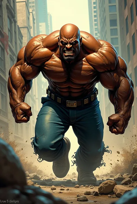 an angry muscular bulky bald man like luke cage wearing no shirt running towards front. the art is in marvel comics style