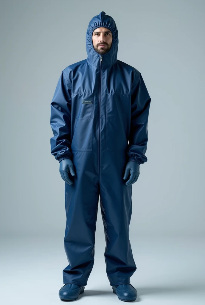 Image of an employee wearing a dark blue sterile suit