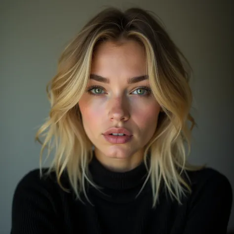  (((best qualityer))), highly detailed, high resolution. 25 year old female, blondie hair, clear green eyes, fleshy lips, heavy make-up, photo by Breckie Hill, best qualityer, she is wearing a black sweater, soft lighting, marvelous, blonder woman, latina