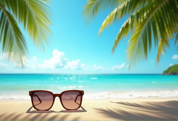 sunglasses on beach sand ,  in the sky and sea background and palm trees on the sides,  realistic image