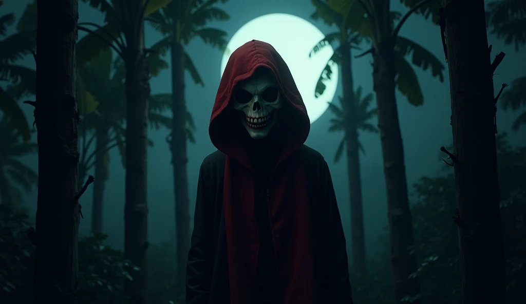 Cover for YouTube video . Dark and dark night with banana trees and a saci Pererê with a macabre smile with a red hood on his head hidden among the banana trees 