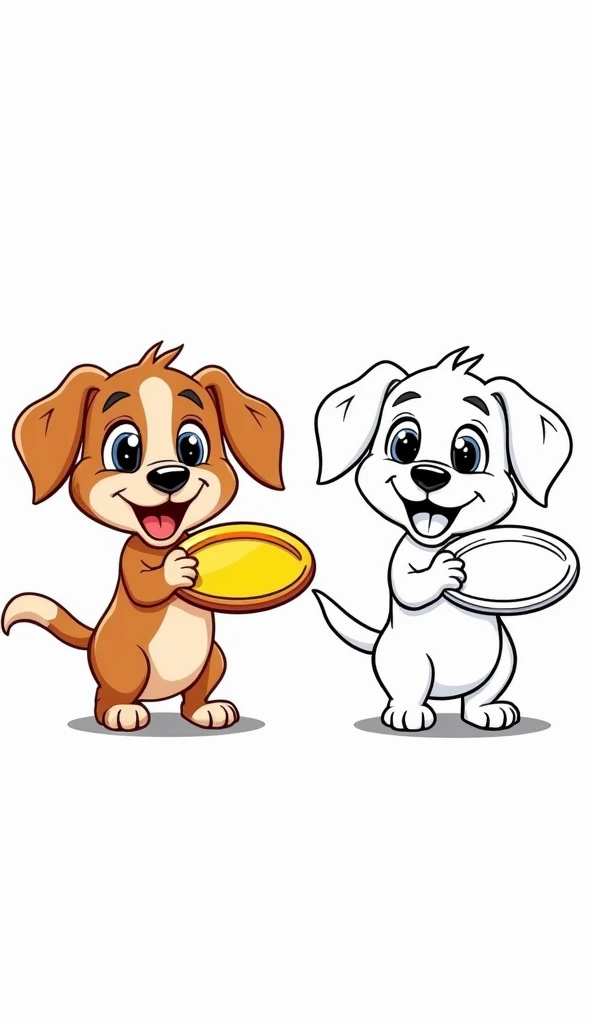 Left Side (Colored Illustration): Draw a playful puppy with floppy ears and a wagging tail, holding a frisbee. Use vibrant colors to make the puppy appear lively and joyful. Focus on details like the texture of the fur and the bright colors of the frisbee ...