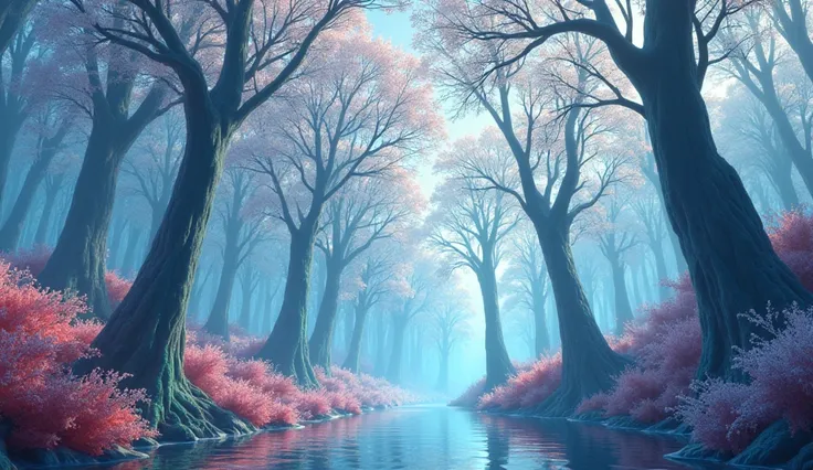 Transparent glass trees. colored quartz. Without leaves. The sunlight passes through its branches. Style: cute proportions, Ghibli realistic and detailed, elaborate scenes and backgrounds, cinematic. 