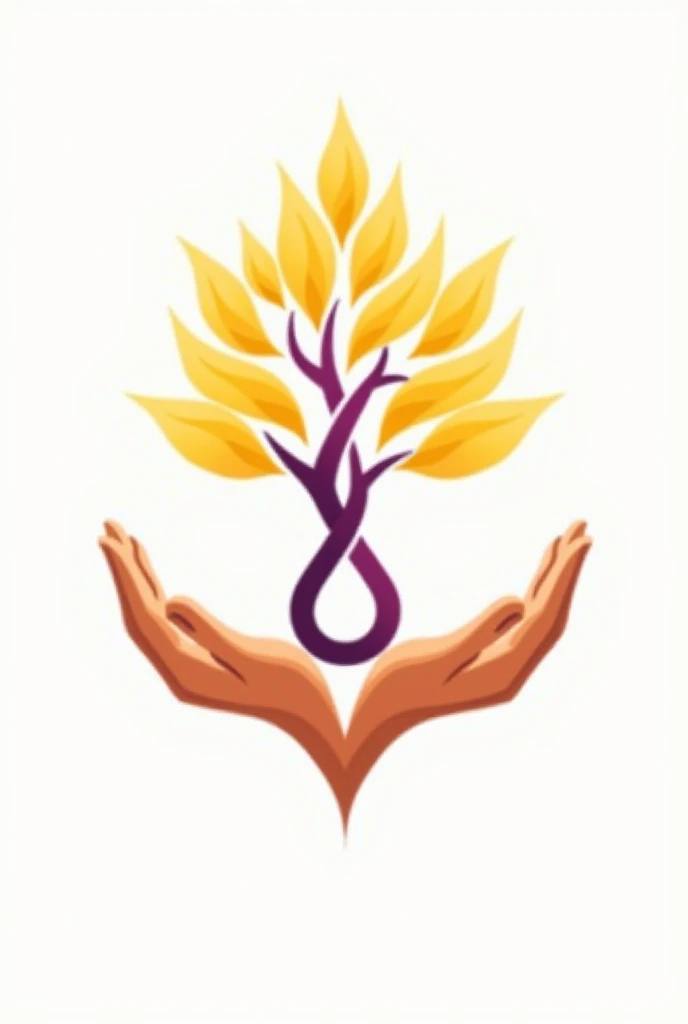 A logo composed of a tree of life, du sigle de l’infini et 2 mains sur des tons de jaune et violet