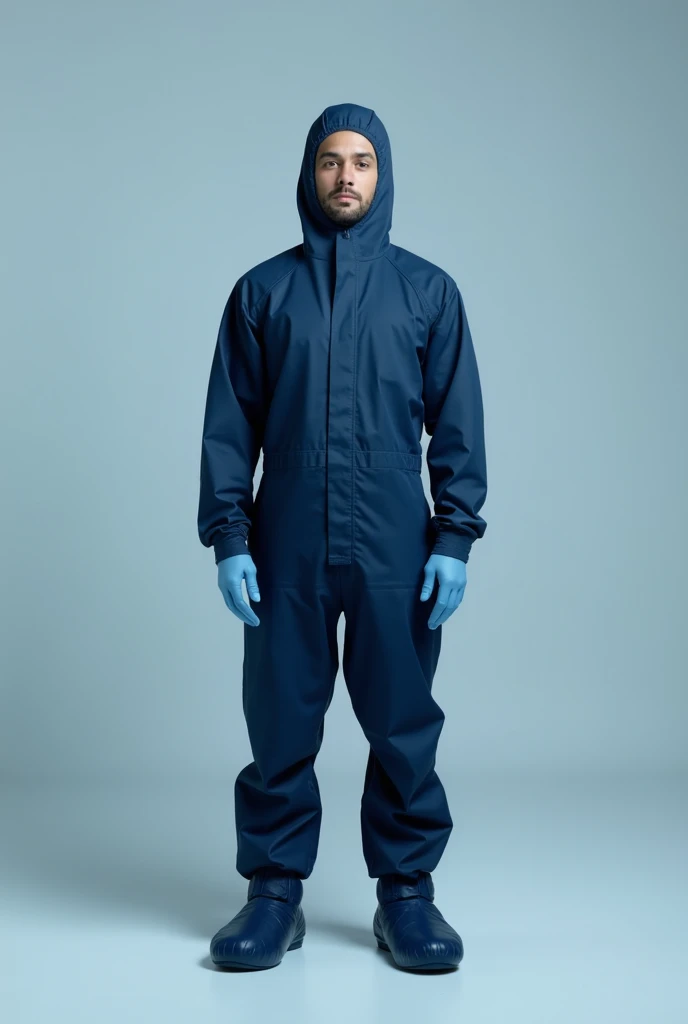 Image of an employee wearing a dark blue sterile suit