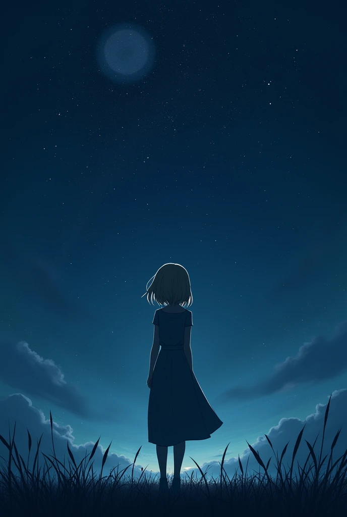 A blonde girl with her back turned at night