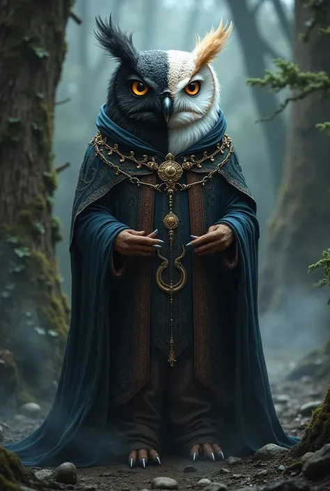 A two headed anthropomorphic barn owl using Mage Priest clothes, one Head dark and the other Head white