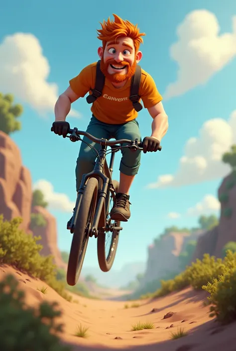 Funny ginger guy on mtb going over jump with small beard animated