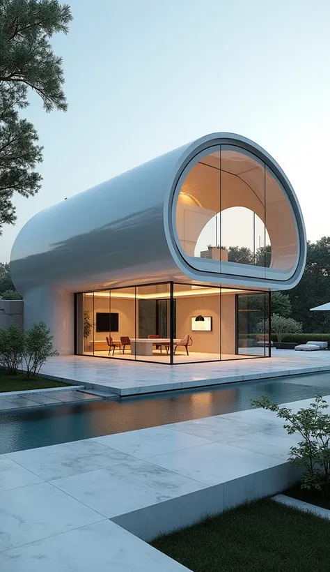 **APPLE (Refined and Ultimate Design):**  
A breathtaking, futuristic glass and metal mansion with a seamless blend of minimalism and high-tech sophistication. The house is shaped like a giant floating Apple logo, with smooth, rounded edges and a reflectiv...