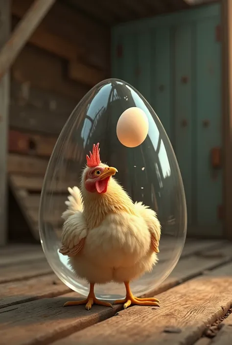 A chicken lays an egg out of a glass