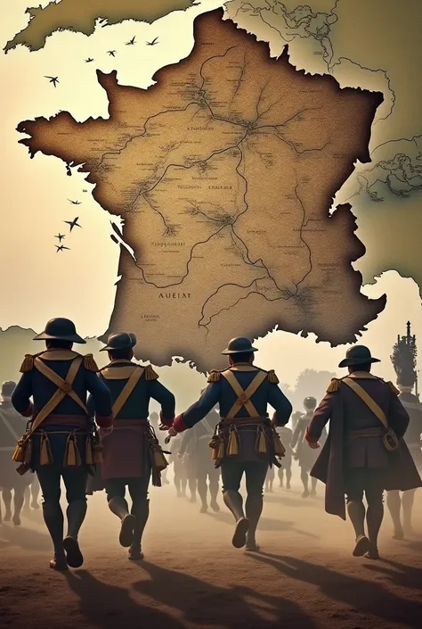 Give me an image where there are several soldiers running from old France and in the background there is a map representing France in the time of Napoleon 