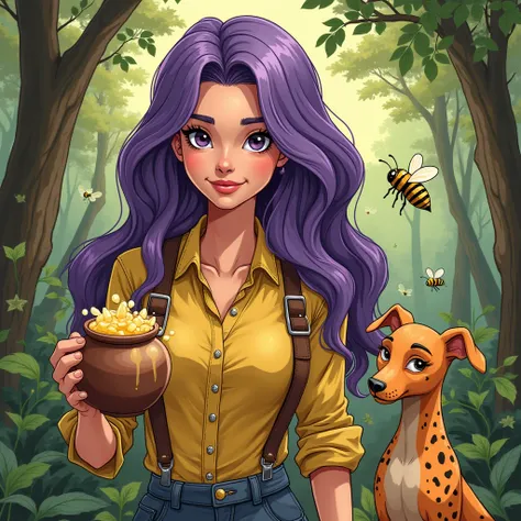 Bd comics style. Une femme avec des cheveux violet long ondulé. Elle porte une combinaison. Elle tient un pot de miel avec du miel qui dégouline. Il y a une dalmatienne à côté d'elle et des abeilles qui volent. Elle est dans une forêt 