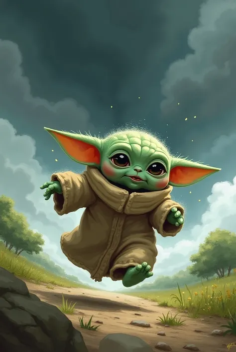 Baby Yoda running from a storm