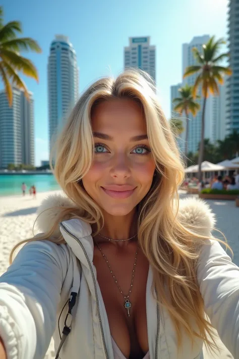 Beautiful blonde woman,  blue eyes,  ATHLETIC BODY ,  dressed in cold clothes, taking a selfie in Miami 