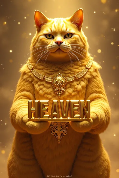 giant golden Cat with crown holding a name"HEAVEN" IN 3D BOLD FONT CHROME GOLD with GOLD small name"HEAVEN DHEZY OTSO"