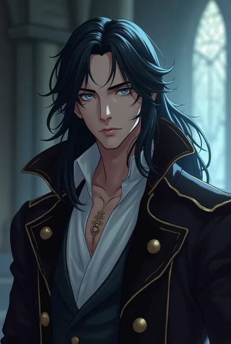 Anime style, vampire, handsome male vampire, soft lighting, high quality, film grain, long black hair, black stubble on his face, blue eyes, medieval clothes, vampire king clothes, adult man, muscular man