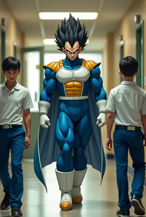  Vegeta, wearing his supehero outfit The character is  a walking inside a school and out of class room and three Mens students like guard while wearing a high school uniform  white shirt and blue plants 