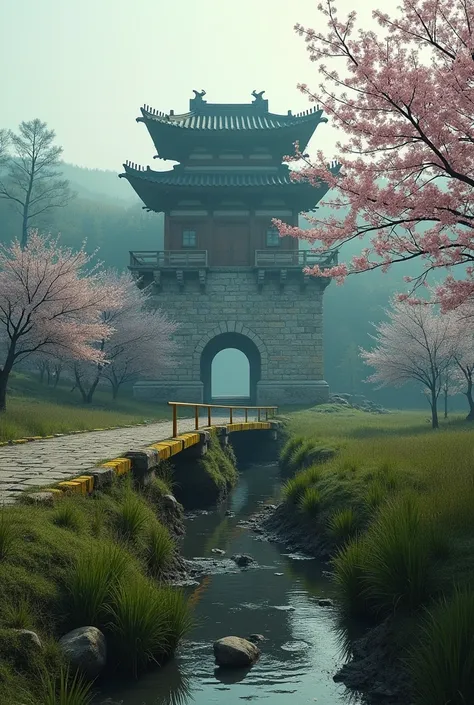 Korean Palace abandoned, broken, destroyed Palace of Asia, completely destroyed facade of the Korean Palace, dark fantasy, surreal desolation landscape, gloomy cinematic picture, atmospheric, portrait shooting, many details, complex details, high detail, h...