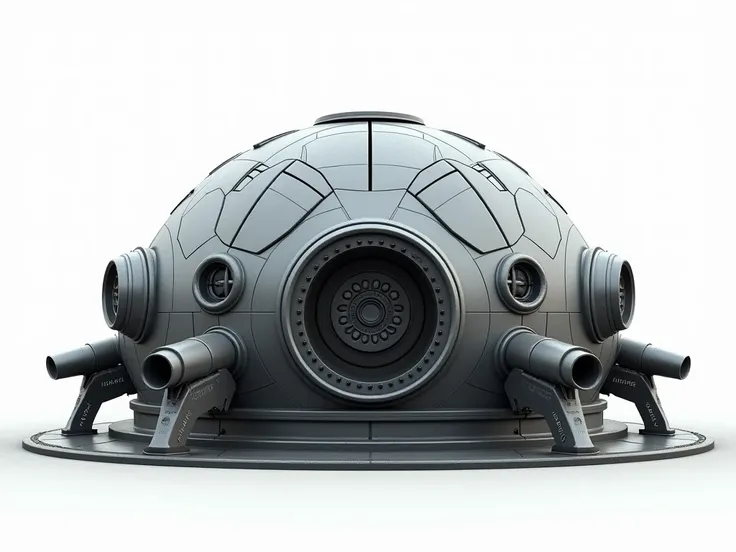 realistic photo of a futuristic closed metal dome, with laser  , metal cannons embedded, circular drawings ,  white background