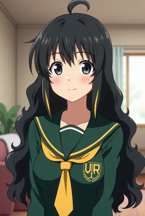  Screenshot of My Hero Academia  . a girl who has long and medium-wavy black hair and half-bodied yellow highlights, who has black eyes, a beautiful smile, who wears the UA uniform and the UA living room in the background.