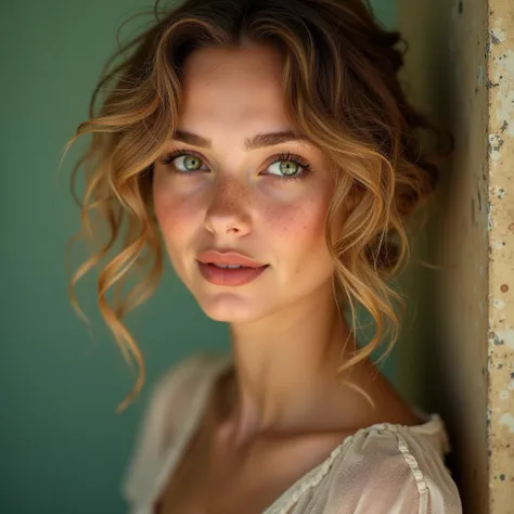 ((masterpiece, 8K, best quality, high resolution:1.3)), (a portrait of a beautiful 19-year-old woman with curly, dirty blonde hair:1.2), (her face is adorned with freckles:1.2), (her eyes are detailed and green:1.2), (her lips are detailed and subtly made ...