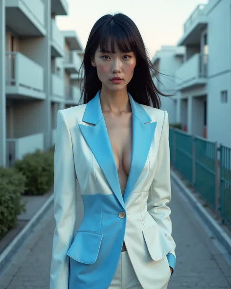 (((Full body view:1.3))), Cinematic photography of a skinny tall beautiful China sensual supermodel Liu Wen in a very very revealing halftone-color white and blue suit posing sensually on the sidewalk next to a modern houses with very very futuristic geome...