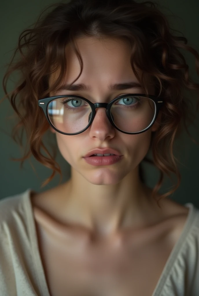  20-year-old woman, curly brown hair , media melena, Distinguished bearing ,  Thick lips ,  blue eyes. wear glasses. Close-up view of her face .  front view.  The woman is crying desperately scared and submissive and resigned and crying,  looking at the gr...