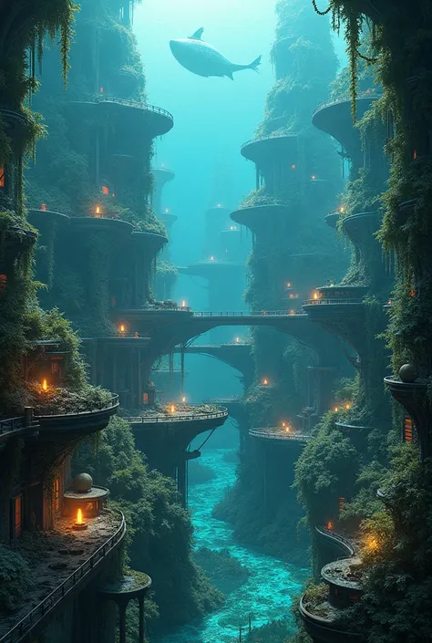 A CITY WITH A LOT OF PLANTS UNDERWATER WITH ALIEN TECHNOLOGY WITH MORE HOUSES AND ALIENS