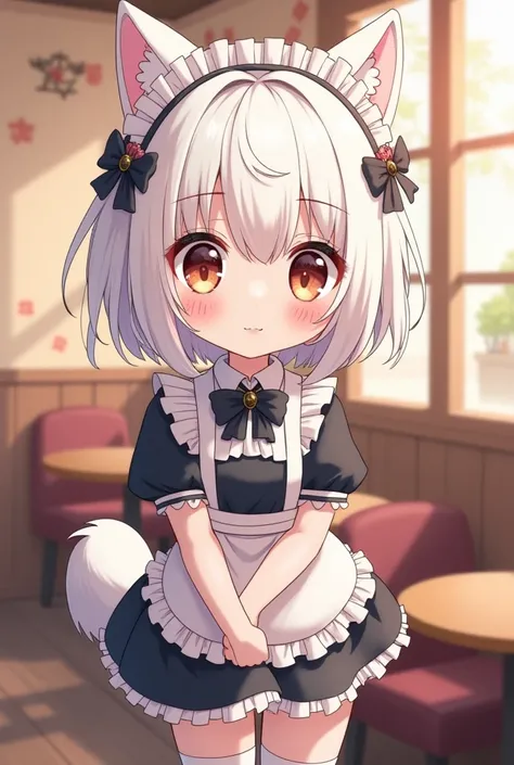  short white hair with highlights girl maid cafe, chibi, dog ears and tail