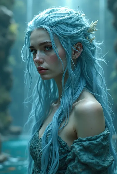 no, that you are in a mystical and marine background and that your hair is water ,  that it seems that a waterfall is born from your scalp and your hair is water