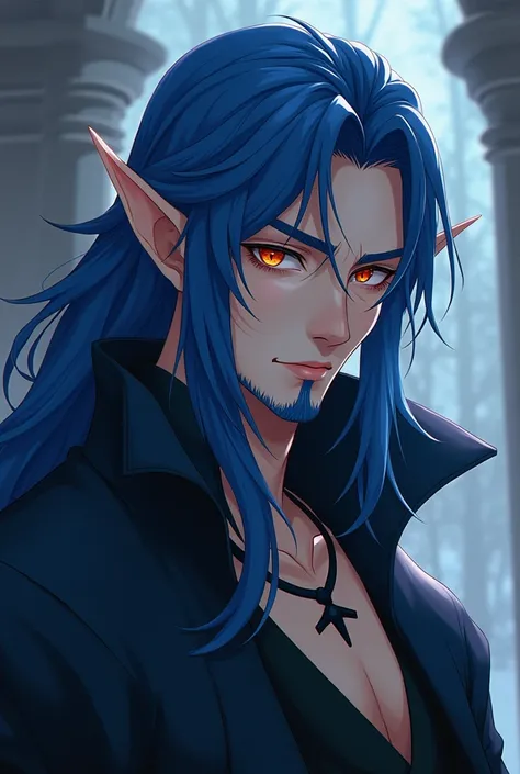 Anime style, vampire, handsome male vampire, soft lighting, high quality, film grain, long blue hair, blue facial stubble, orange eyes, medieval clothes, vampire king clothes, adult male, ((muscular)), pointed elf ears