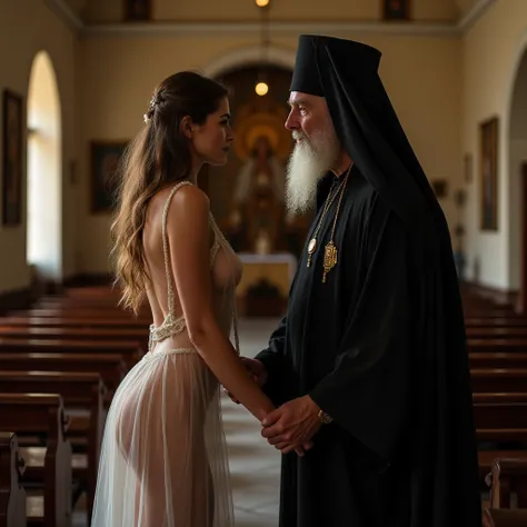 a lady poses hand in hand with an old priest in an old greek orthodox church. the priest is dressed in black with a beard and headdress. the lady wears a transparent dress, through which her entire naked body is clearly visible.