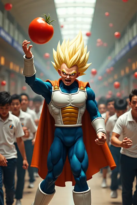  Vegeta, wearing his supehero outfit Throwing a tomato  inside school while they were a lot student wearing a white shirt and blue black pants 