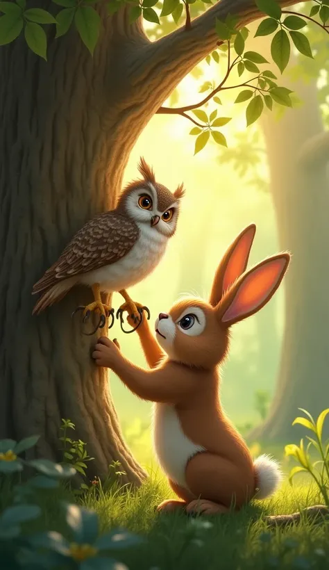 Benny rabbit rescuing the owl from the tree – Benny rabbit gently freeing the owl from the branches, with the owl looking relieved.