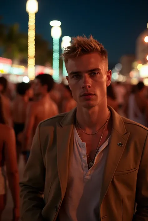 ultra realistic image of a man, age 20 years, unique beauty, American nationality, natural blond hair, blue eyes, short faded men's haircut, strong defined physique, he is wearing elegant men's clothes from Lacoste, he is at the party at Rock in Rio Brazil...