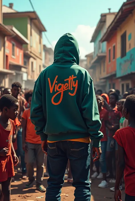 Draw an artist who ha worn a hoodie covering his eyes with his name at the back of his written as vigetty performing in a ghetto in kenya with peole dancing happily to his song 