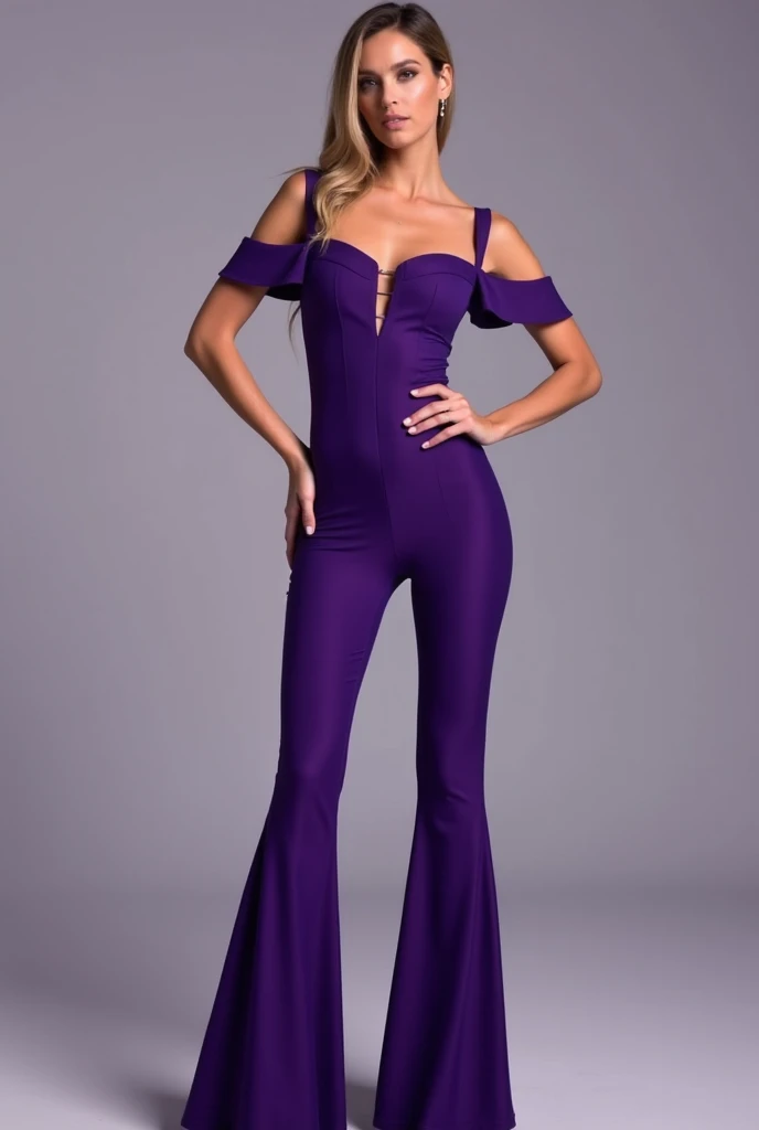 Create a purple fitted cold shoulder bell bottomed jumpsuit 