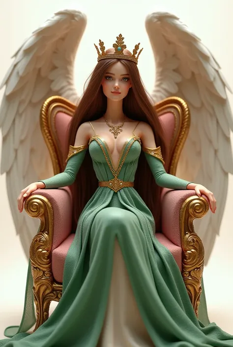 A beautiful Angel Barbie style 4k so realistic with straight very dark brown, beige and red hair and lots of long blonde streaks in the front sitting on a pink and white she's got a  elegant and medieval rustic throne color envi green and indi yellow  pear...