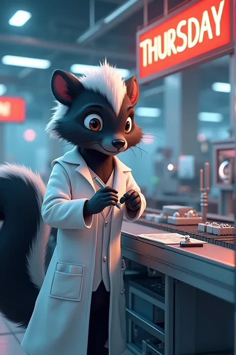  Create a 3D anime style image of a skunk dressed in a white chemistry lab coat reviewing the final product on a production line in a factory and writing down its characteristics,  in the upper part of the factory is the text  " Thursday closing of project...