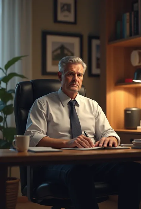 Another man sitting on a chair, working 