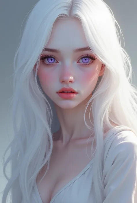 Realistic digital painting, girl with long white hair, purple eyes, pale white skin, abino, semi realistic, realistic light, realistic texture 