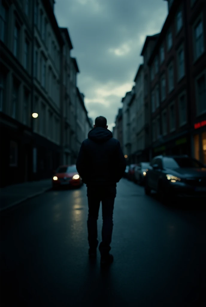  A first-person perspective on a quiet and dark street,  where the observer seems to feel something behind him .  The focus is on the sense of restlessness ,  with elongated shadows and a cloudy sky in the background . Shades of black, gray and dark blue d...