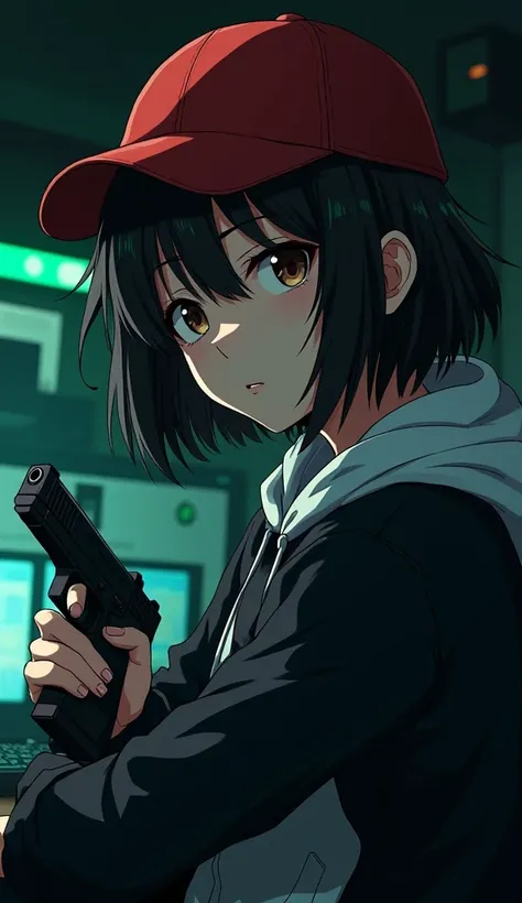 (anime) duas mulheres, A  with black hair,  short hair,  extremely detailed medium brown eyes , red cap on head,  wearing black and white hoodie .   tired face . The other is a woman ,  medium brown hair,  black eyes, big hair with braids.  Black police cl...