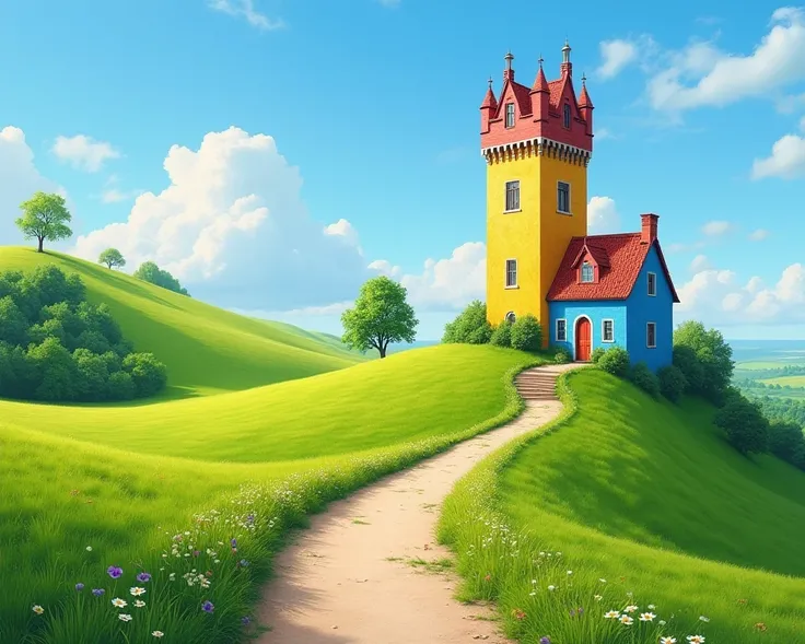 There is a smooth path leading to a beautiful bright colourful English Victorian tall tower house with solidly plastered walls in four richly vibrant colours, white, yellow, red and blue with a lot of colourful patterns on the stunning beautiful smooth gre...