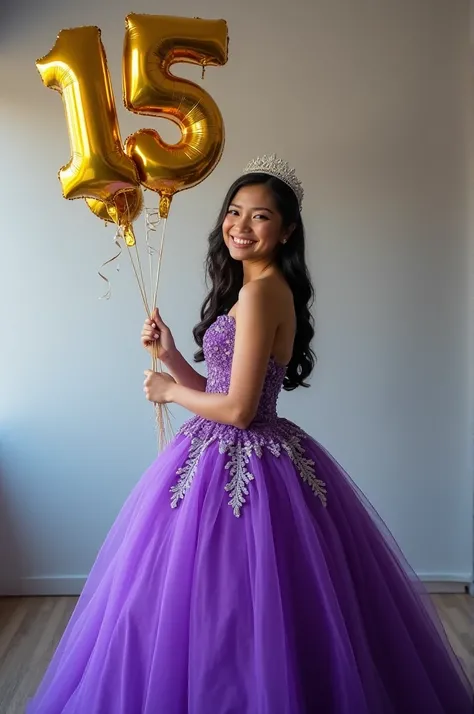 Quinceañera wearing a purple dress in a photographic studio and holding golden balloons in the shape of the number 15