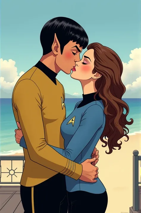  Spock from Star Trek young man with brown eyes delicate face wearing a yellow and black Voyager engineering uniform kissing his girlfriend with long and brown curly hair on the lips wearing a blue and black Voyager uniform, Going to a deck and a light san...